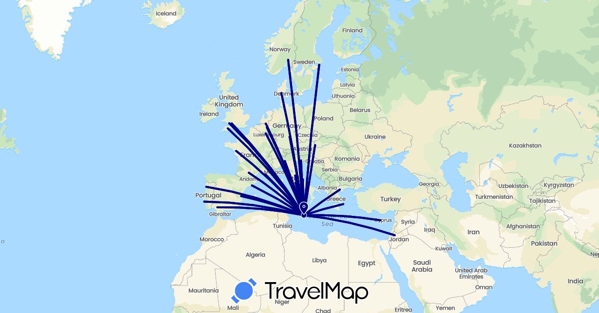 TravelMap itinerary: driving in Belgium, Cyprus, Germany, Denmark, Spain, France, United Kingdom, Greece, Italy, Jordan, Malta, Netherlands, Norway, Portugal, Sweden, Slovakia (Asia, Europe)